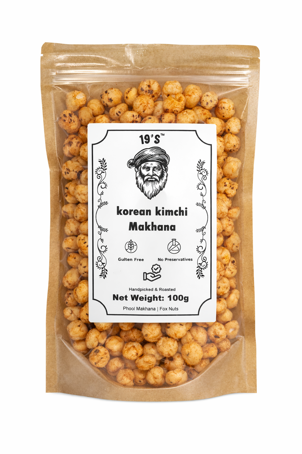 19's Korean Kimchi Makhana, Gluten Free, No Preservatives, Handpicked & Roasted Fox Nuts, 100g