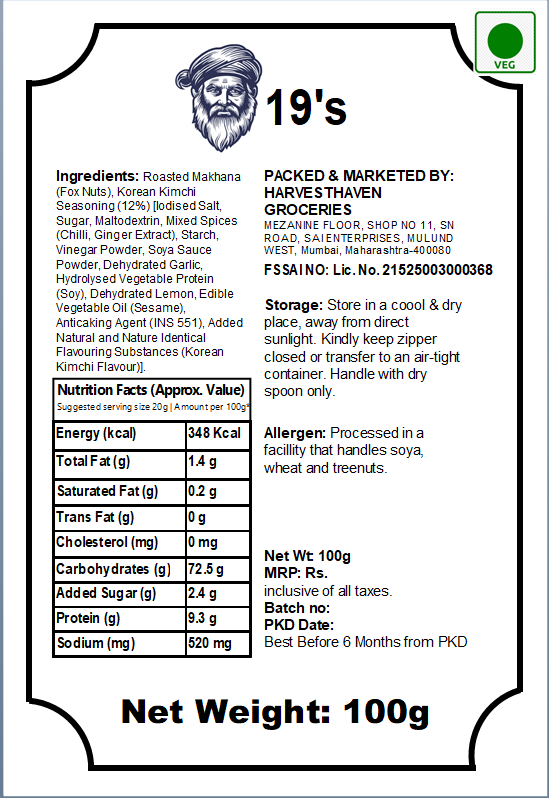 19's Korean Kimchi Makhana, Gluten Free, No Preservatives, Handpicked & Roasted Fox Nuts, 100g
