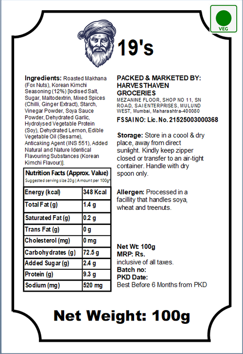 19's Korean Kimchi Makhana, Gluten Free, No Preservatives, Handpicked & Roasted Fox Nuts, 100g