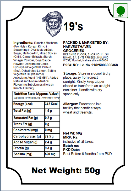 19's Korean Kimchi Makhana, Gluten Free, No Preservatives, Handpicked & Roasted Fox Nuts, 50g